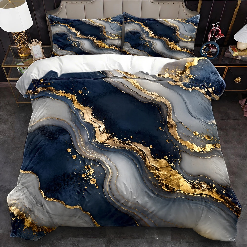 Luxury High End Skincare - 3-delige luxe dekbedovertrekset met blauw-gouden marmerpatroon,